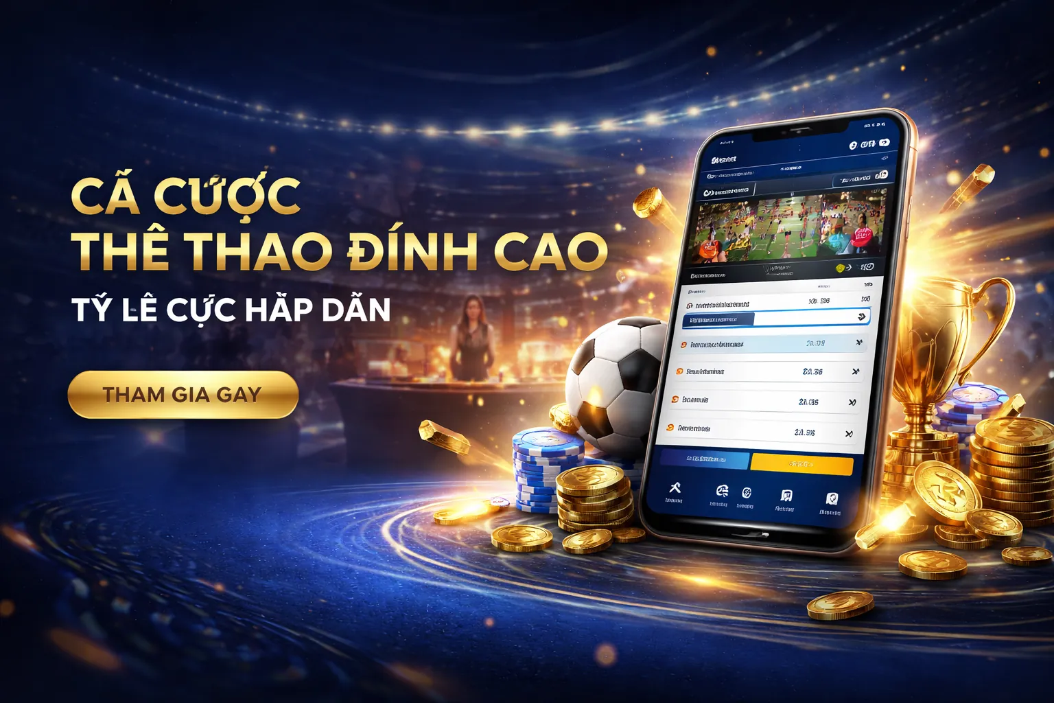 Sân vận động với trận đấu bóng đá đang diễn ra, biểu tượng cho cá cược thể thao tại Onebet Casino